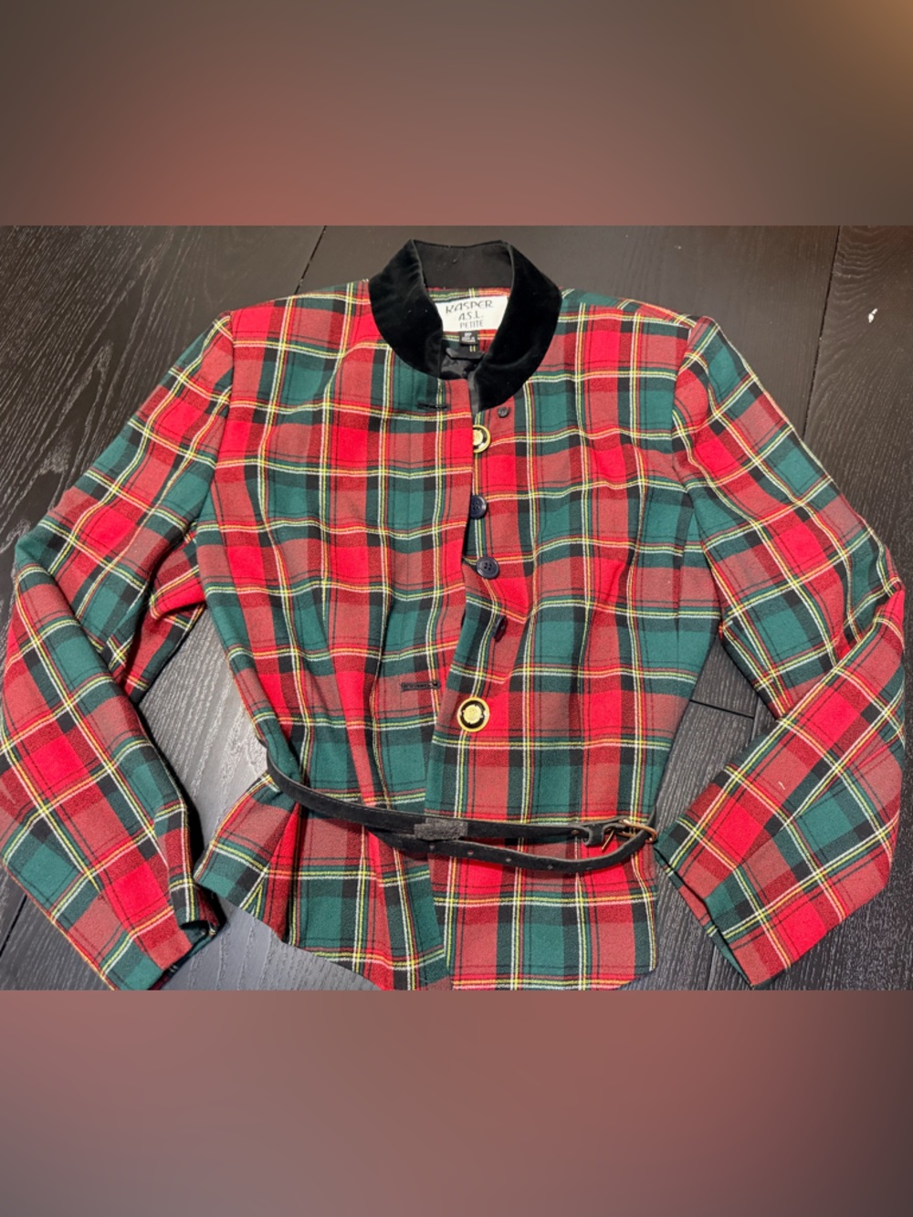 VTG Kasper Red & Green Plaid Belted Jacket with Black Velvet Collar